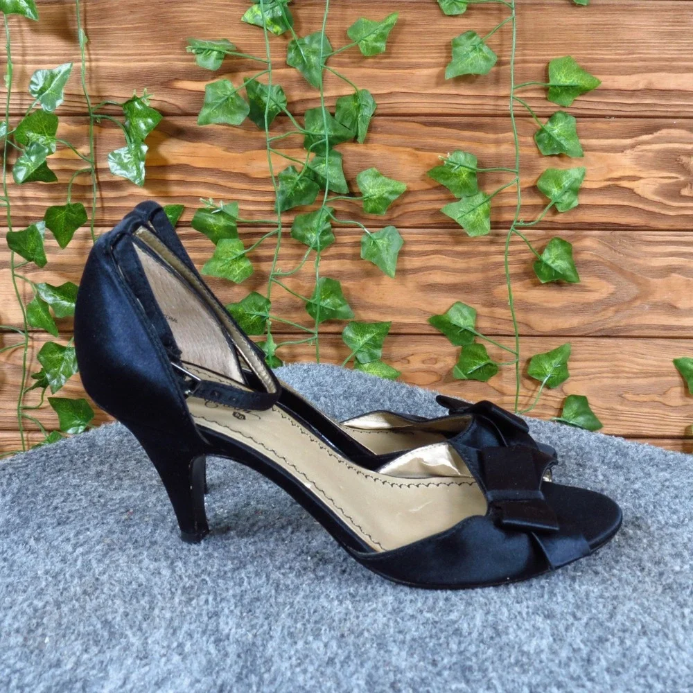 BP Platinum Women Evening Sandal Heels Size 7.5 Formal Wedding Black‎ Satin